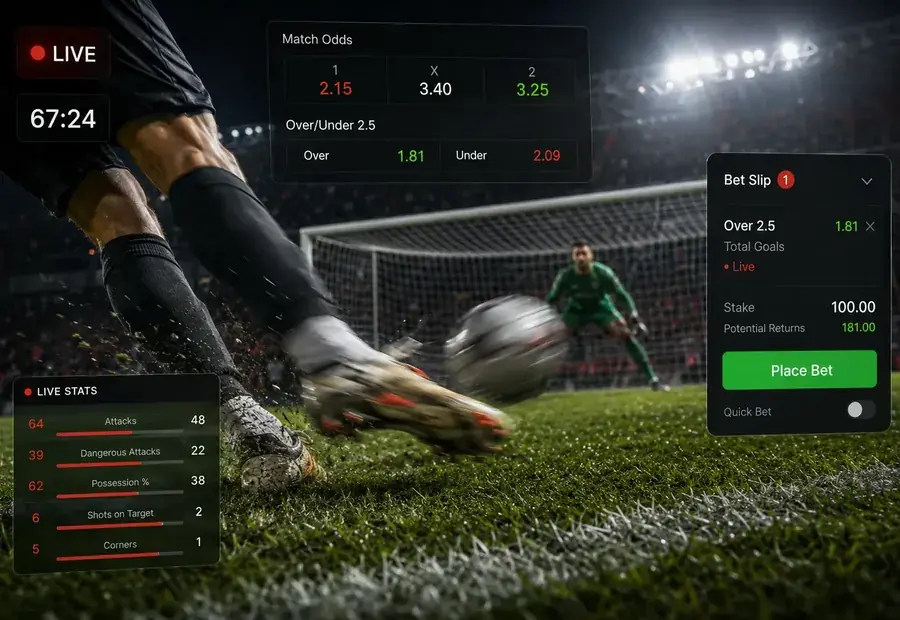 SportyBet in-play wagering interface during a football match